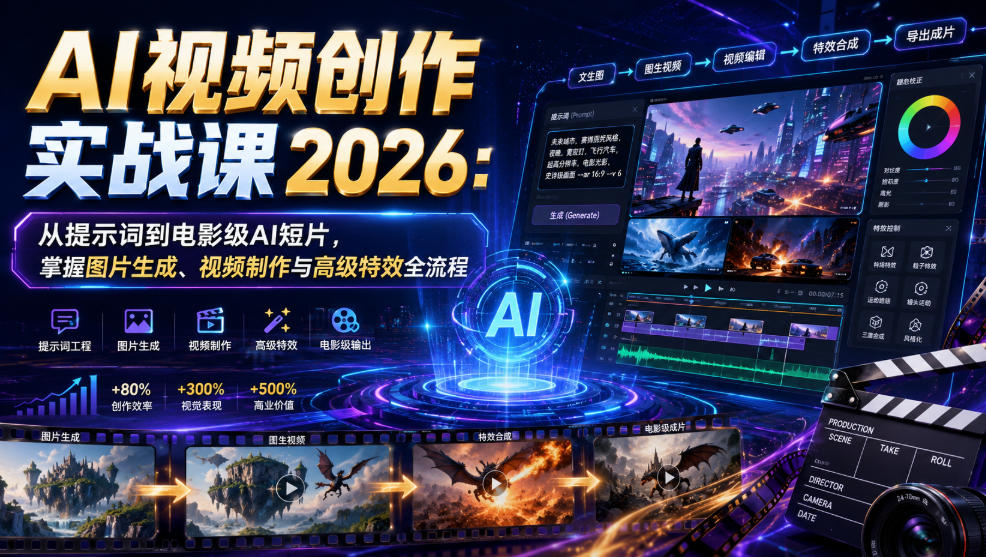 AI视频创作实战课2026：从提示词到电影级AI短片，掌握图片生成、视频制作与高级特效全流程-选优云网创