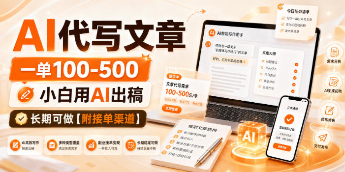 AI代写文章，一单100-500，小白用AI出稿，长期可做【附接单渠道】【揭秘】-选优云网创