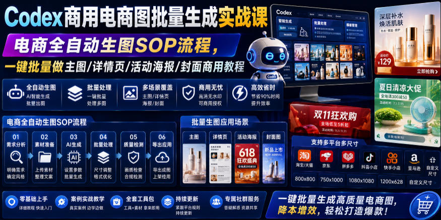 Codex商用电商图批量生成实战课|电商全自动生图SOP流程,一键批量做主图/详情页/活动海报/封面商用教程-选优云网创