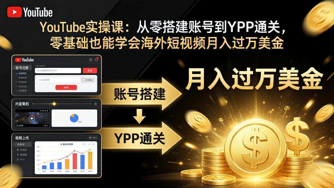 YouTube实操课：从零搭建账号到YPP通关，零基础也能学会海外短视频月入过万美金-选优云网创