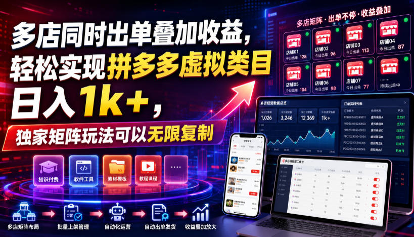 多店同时出单叠加收益，轻松实现拼多多虚拟类目日入1k+，独家矩阵玩法可以无限复制【揭秘】-选优云网创