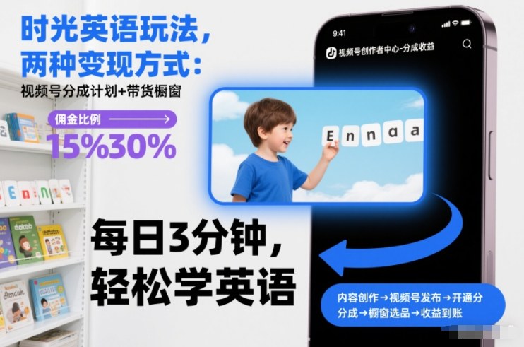 时光英语玩法，两种变现方式：视频号分成计划+带货橱窗-选优云网创