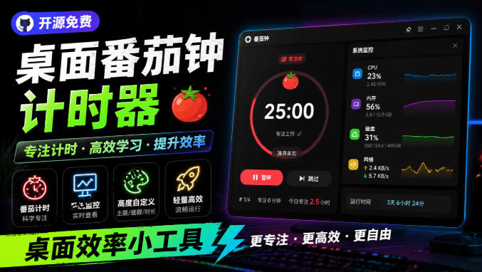 仅1.16MB,开源极简的桌面时钟、番茄钟计时器,还支持系统监控显示,桌面效率小工具Catime-选优云网创