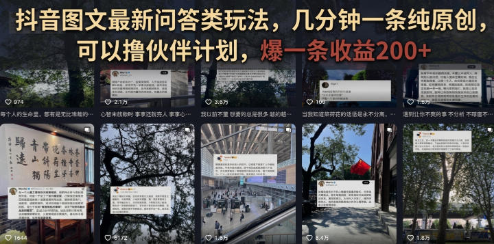 抖音图文最新问答类玩法，几分钟一条纯原创，可以撸伙伴计划，爆一条收益200+-选优云网创