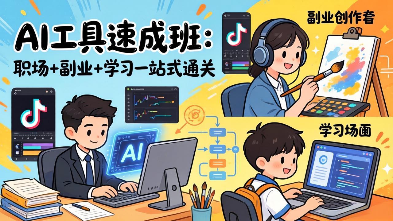 AI工具速成班：职场+副业+学习一站式通关，20+爆款类型+剪映技巧+抖音算法，0基础快速上手-选优云网创