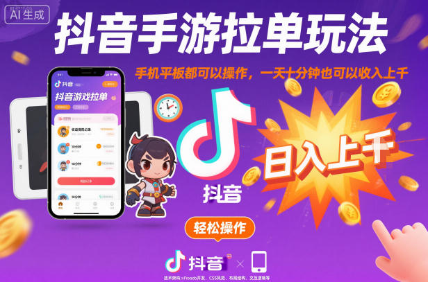 抖音手游拉单玩法，手机平板都可以操作，一天十分钟也可以收入上K【揭秘】-选优云网创
