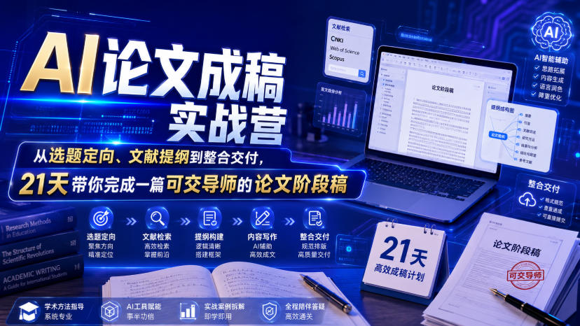 AI论文成稿实战营,从选题定向、文献提纲到整合交付,21天带你完成一篇可交导师的论文阶段稿-选优云网创