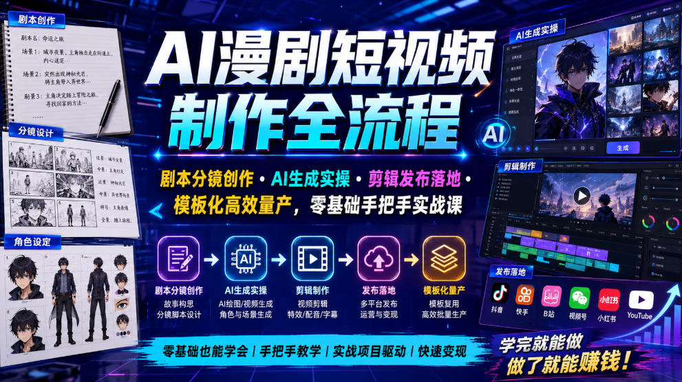 AI漫剧短视频制作全流程｜剧本分镜创作・AI生成实操・剪辑发布落地・模板化高效量产，零基础手把手实战课-选优云网创