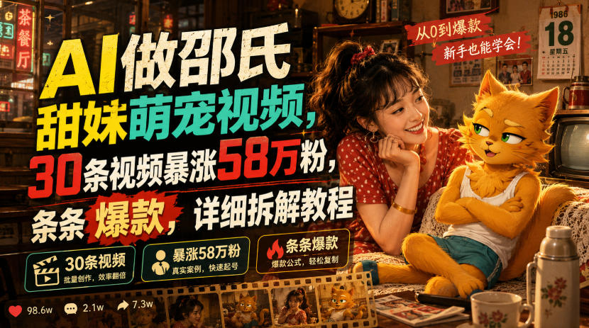 AI做邵氏甜妹萌宠视频，30条视频暴涨58万粉，条条爆款，详细拆解教程-选优云网创