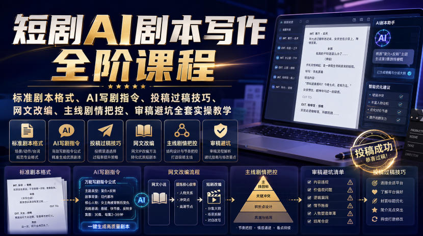 短剧AI剧本写作全阶课程｜标准剧本格式、AI写剧指令、投稿过稿技巧、网文改编、主线剧情把控、审稿避坑全套实操教学-选优云网创