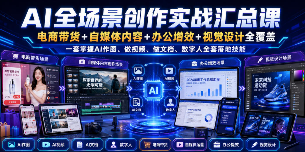 AI全场景创作实战汇总课｜电商带货+自媒体内容+办公增效+视觉设计全覆盖，一套掌握AI作图、做视频、做文档、数字人全套落地技能-选优云网创
