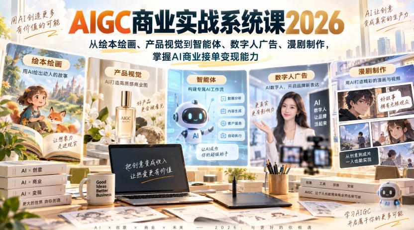 AIGC商业实战系统课2026，从绘本绘画、产品视觉到智能体、数字人广告、漫剧制作，掌握AI商业接单变现能力-选优云网创