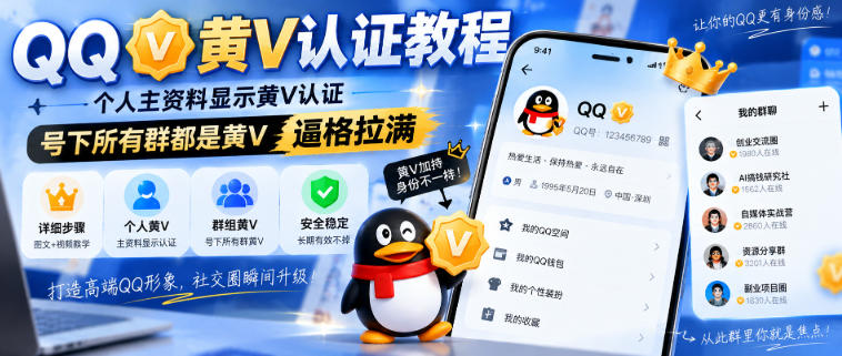QQ黄V认证教程，个人主资料显示黄V认证，号下所有群都是黄V，逼格拉满-选优云网创