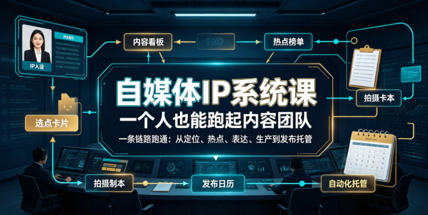 自媒体IP系统课，一个人也能跑起内容团队，一条链路跑通，从定位、热点、表达、生产到发布托管-选优云网创