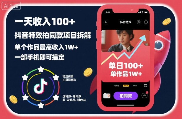 一天收入100+，抖音特效拍同款项目拆解，单个作品最高收入1W+，一部手机即可搞定-选优云网创