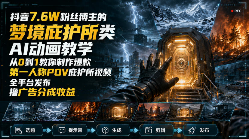 抖音7.6W粉丝博主的梦境庇护所类AI动画教学，从0到1教你制作爆款第一人称POV庇护所视频，全平台发布撸广告分成收益-选优云网创