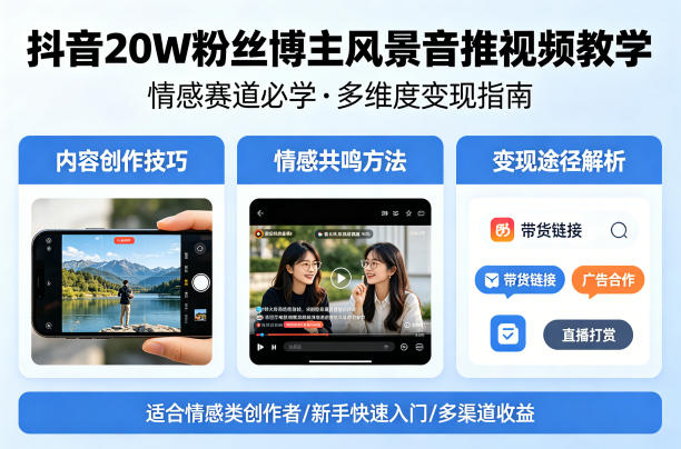 抖音20W粉丝博主风景音推视频教学，情感赛道必学，各种变现途径-选优云网创
