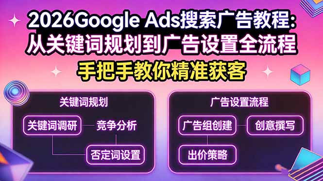 2026Google Ads搜索广告教程：从关键词规划到广告设置全流程，手把手教你精准获客-选优云网创