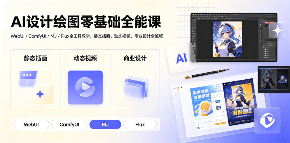 AI设计绘图零基础全能课|WebUI/ComfyUI/MJ/Flux全工具教学,静态插画、动态视频、商业设计全流程-选优云网创