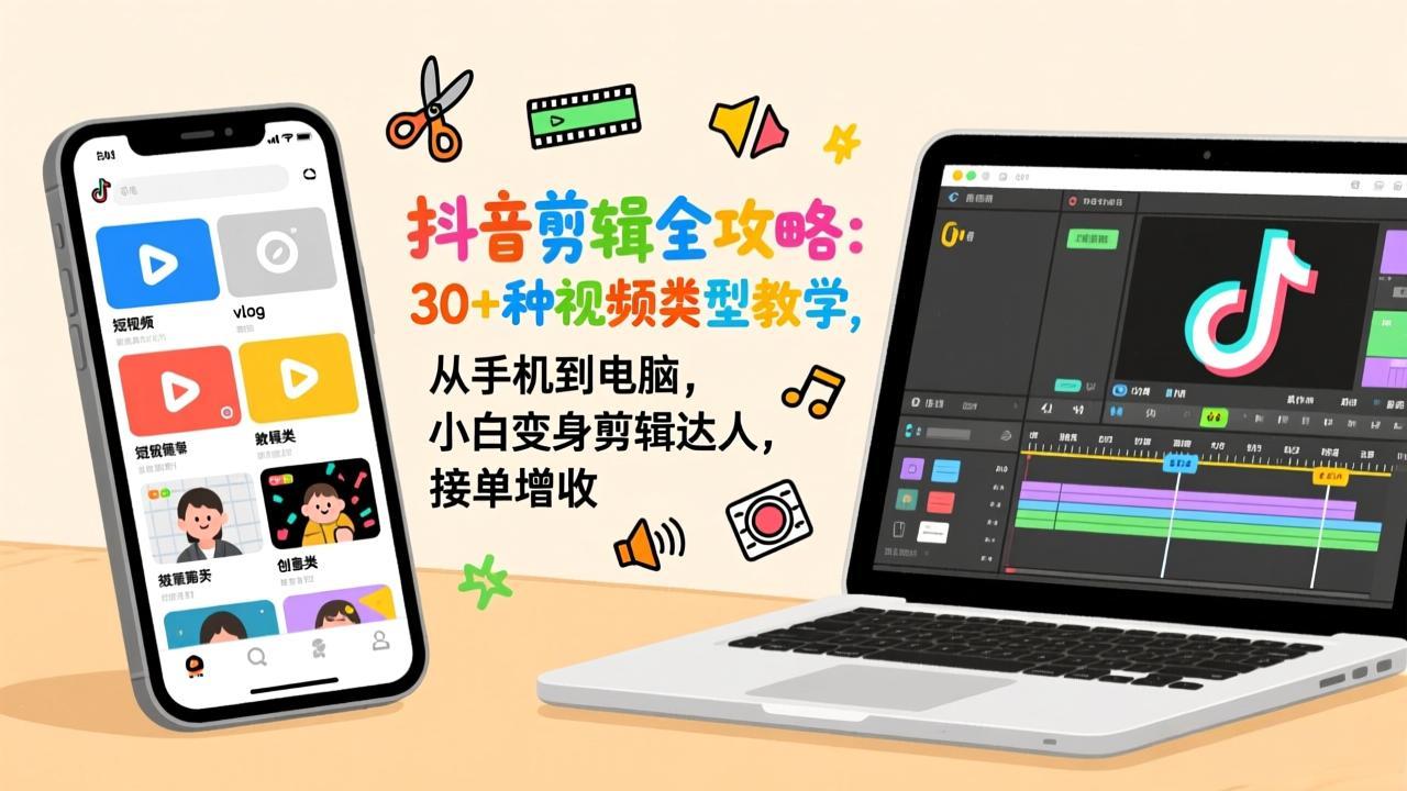 抖音剪辑全攻略：30+种视频类型教学，从手机到电脑，小白变身剪辑达人，接单增收-选优云网创