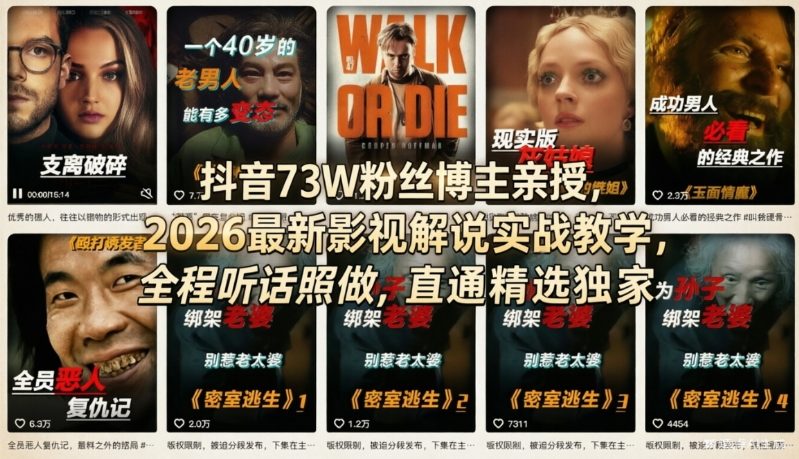 抖音73W粉丝博主亲授，2026最新影视解说实战教学，全程听话照做，直通精选独家-选优云网创