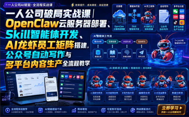 一人公司破局实战课｜OpenClaw云服务器部署、Skill智能体开发、AI龙虾员工矩阵搭建，公众号自动写作与多平台内容生产全流程教学-选优云网创