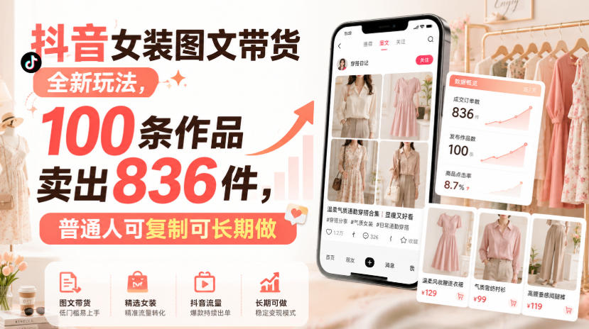 抖音女装图文带货全新玩法，100条作品卖出836件，普通人可复制可长期做-选优云网创