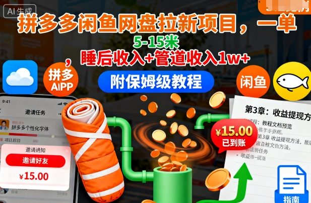 拼多多闲鱼网盘拉新项目，一单5-15米，睡后收入+管道收入1w+(附保姆级教程)-选优云网创