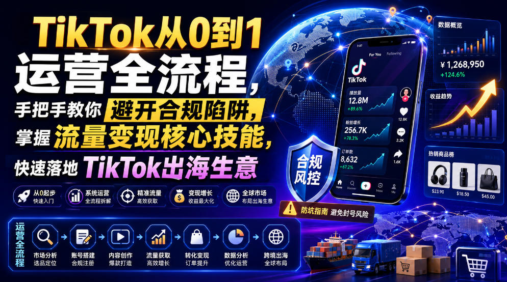 TikTok从0到1运营全流程，手把手教你避开合规陷阱，掌握流量变现核心技能，快速落地TikTok出海生意(更新7月)-选优云网创