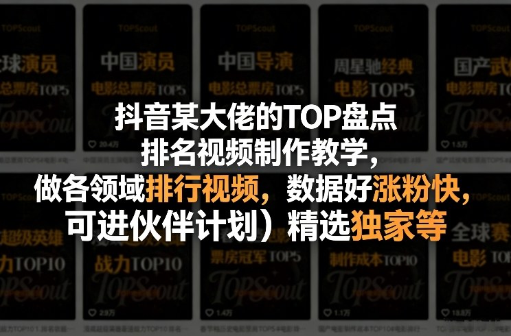抖音某大佬的TOP盘点排名视频制作，做各领域排行视频，数据好涨粉快，可进伙伴计划＋精选独家等-选优云网创