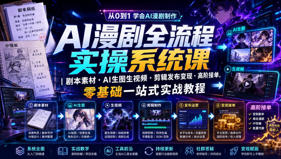 AI漫剧全流程实操系统课｜剧本素材・AI生图生视频・剪辑发布变现・高阶接单，零基础一站式实战教程-选优云网创