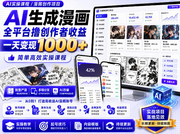 AI生成漫画全平台撸创作者收益内部课程，实操最高单日变现1k+-选优云网创