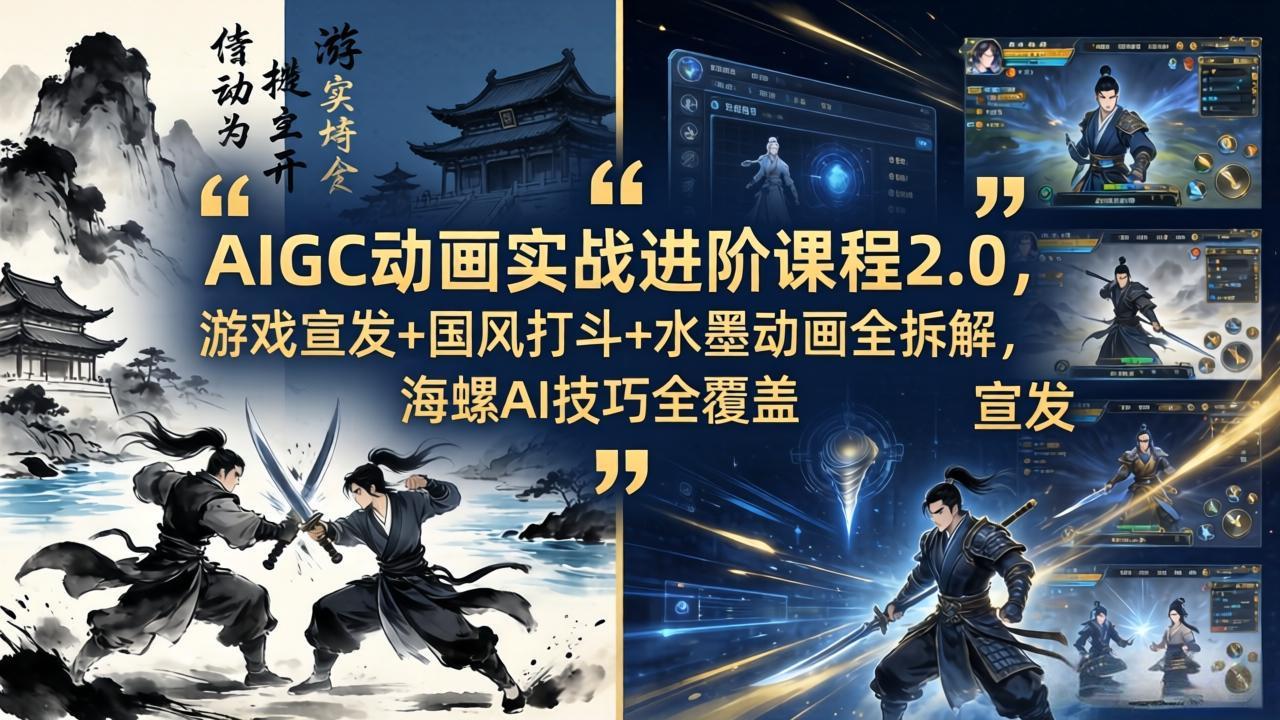 AIGC动画实战进阶课程2.0，游戏宣发+国风打斗+水墨动画全拆解，海螺AI技巧全覆盖-选优云网创