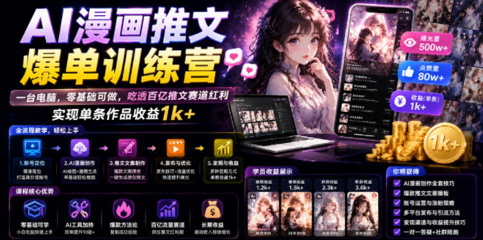 AI漫画推文爆单训练营，一台电脑，零基础可做，吃透百亿推文赛道红利，实现单条作品收益1k+-选优云网创