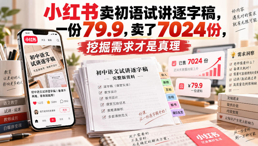 小红书卖初语试讲逐字稿，一份79.9，卖了7024份，挖掘需求才是真理-选优云网创