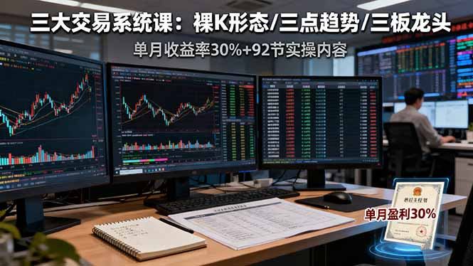 三大交易系统课:裸K形态/三点趋势/三板体系,单月收益率30%+92节实操内容-选优云网创