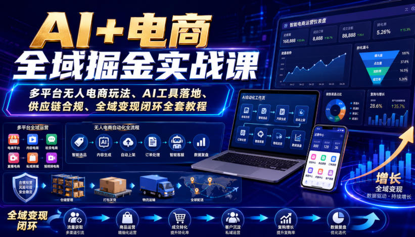 AI+电商全域掘金实战课|多平台无人电商玩法、AI工具落地、供应链合规、全域变现闭环全套教程-选优云网创