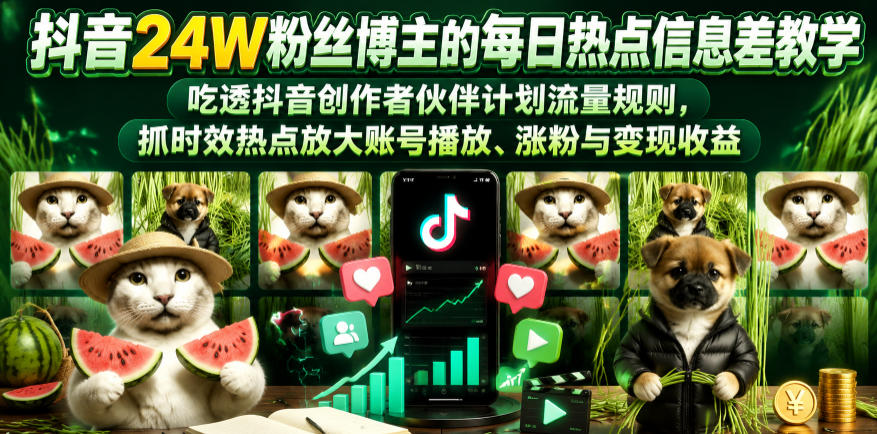抖音24W粉丝博主的每日热点信息差教学，吃透创作者伙伴计划流量规则，抓时效热点放大账号播放、涨粉与变现收益-选优云网创