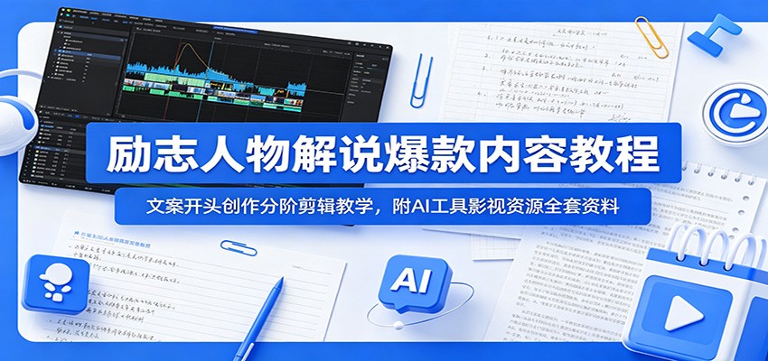 励志人物解说爆款内容教程:文案开头创作分阶剪辑教学,附AI 工具影视资源全套资料-选优云网创