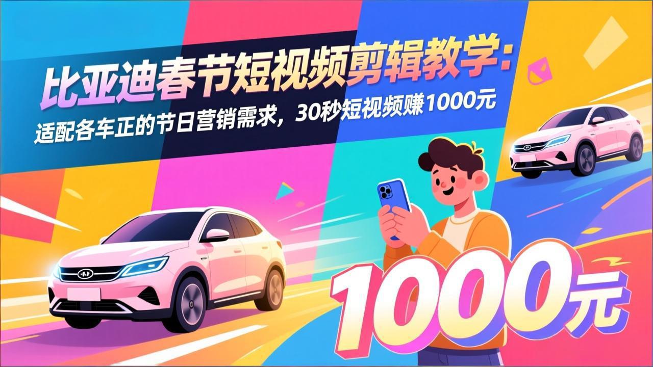 比亚迪春节短视频剪辑教学：适配各车企的节日营销需求，30秒短视频赚1000元-选优云网创