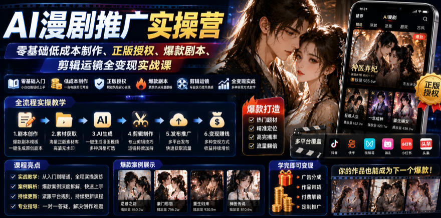 AI漫剧推广实操营｜零基础低成本制作、正版授权、爆款剧本、剪辑运镜全变现实战课-选优云网创
