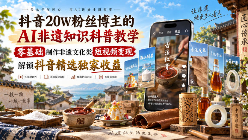 抖音20W粉丝博主的AI非遗知识科普教学,零基础制作非遗文化类短视频变现,解锁抖音精选独家收益-选优云网创