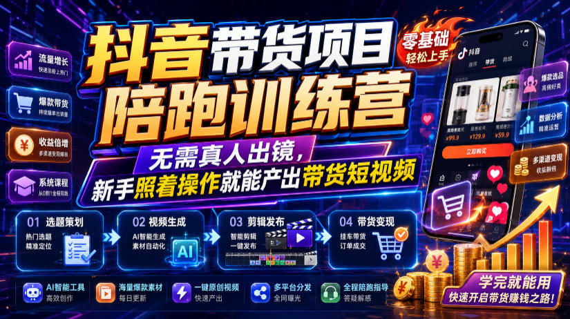 抖音带货项目陪跑训练营，无需真人出镜，新手照着操作就能产出带货短视频(更新0811)-选优云网创