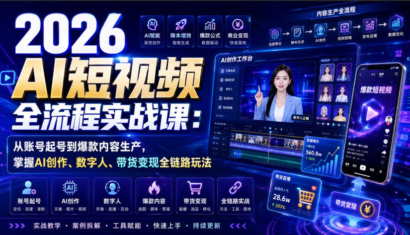 2026 AI短视频全流程实战课：从账号起号到爆款内容生产，掌握AI创作、数字人、带货变现全链路玩法-选优云网创