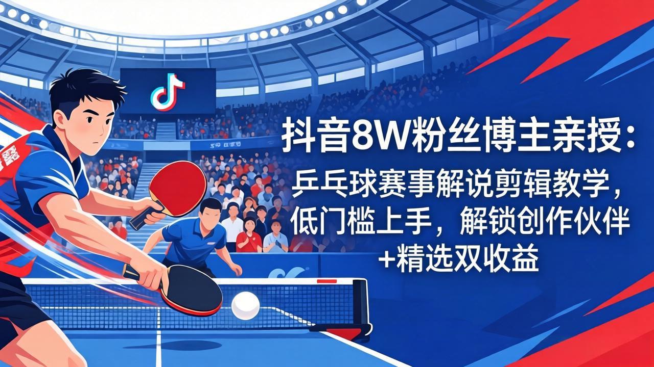 抖音8W粉丝博主亲授：乒乓球赛事解说剪辑教学，低门槛上手，解锁创作伙伴+精选双收益-选优云网创