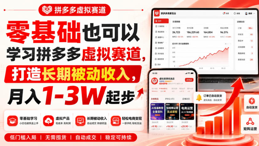 零基础也可以学习拼多多虚拟赛道，打造长期被动收入，月入1-3W起步-选优云网创