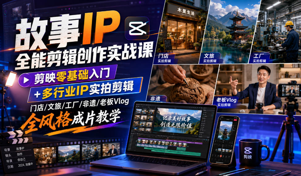 故事IP全能剪辑创作实战课｜剪映零基础入门+多行业IP实拍剪辑，门店/文旅/工厂/非遗/老板Vlog全风格成片教学-选优云网创