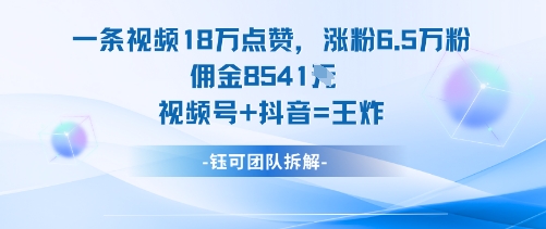 一条视频18W点赞，涨粉6.5W粉佣金8541米，视频号+抖音=王炸-选优云网创