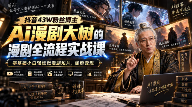 抖音43W粉丝博主Ai漫剧大树的漫剧制作全流程实战课，零基础小白轻松做漫剧短片，涨粉变现-选优云网创