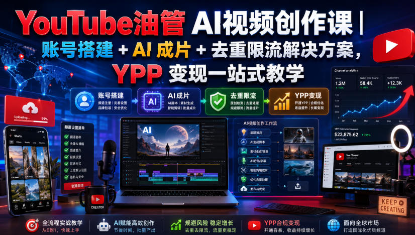 YouTube油管AI视频创作课｜账号搭建+AI成片+去重限流解决方案，YPP变现一站式教学(更新0809)-选优云网创